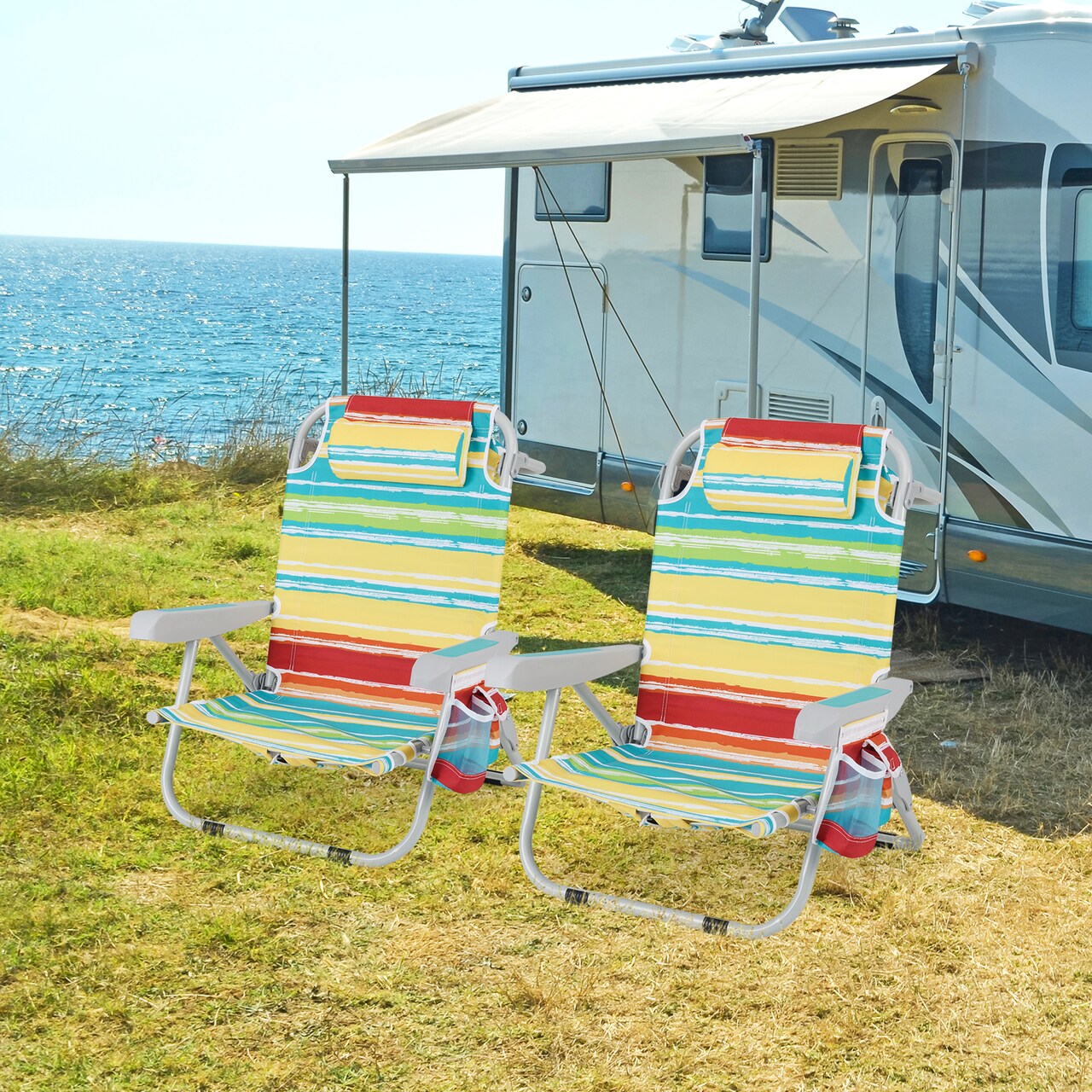 Set of 2 Lightweight Foldable Beach Chairs with Cup Holder and Storage Pockets